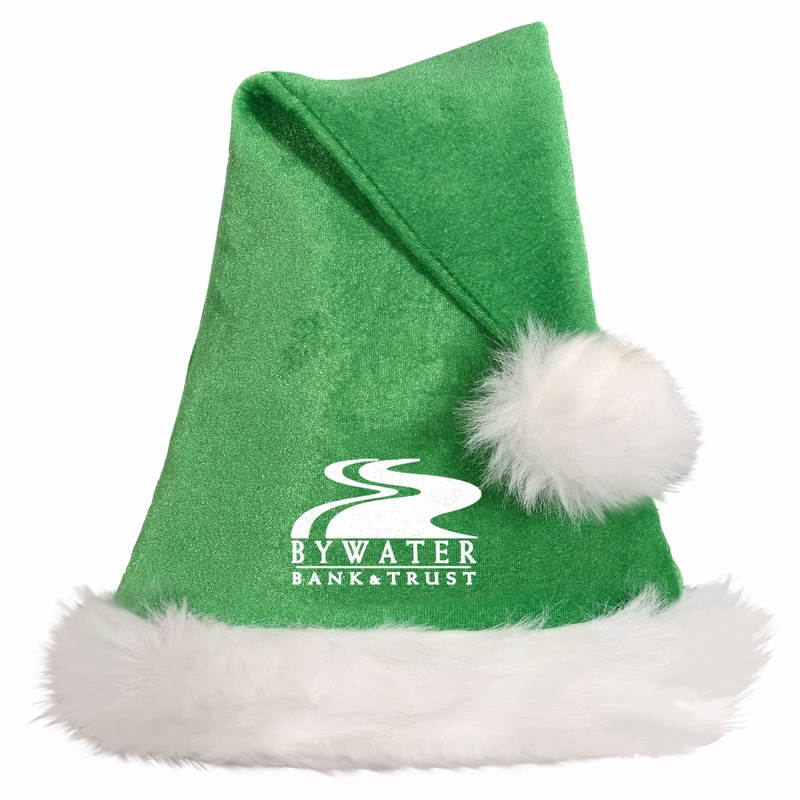 Green Santa Hats w/ White Plush Trim with a Custom Direct Screen Print
