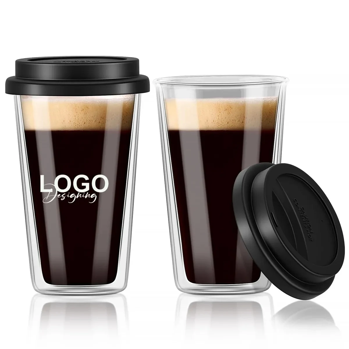 Double Walled Glass Coffee Mugs with Silicone Lids 1