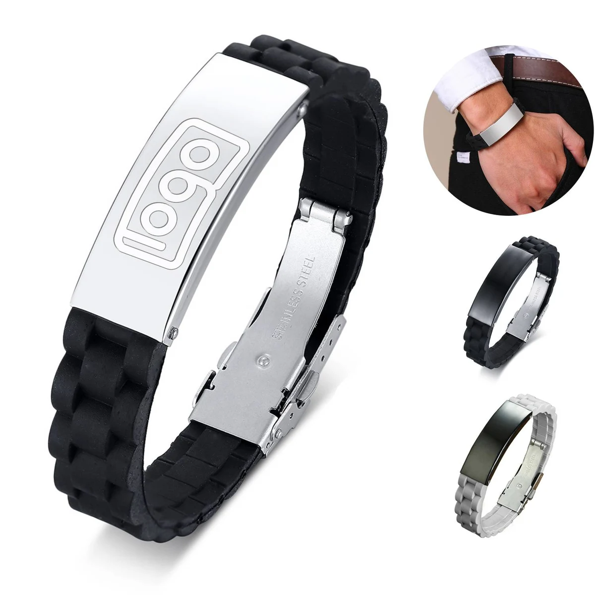 Men's Stainless Steel Curved Brand Silicone Bracelet 1