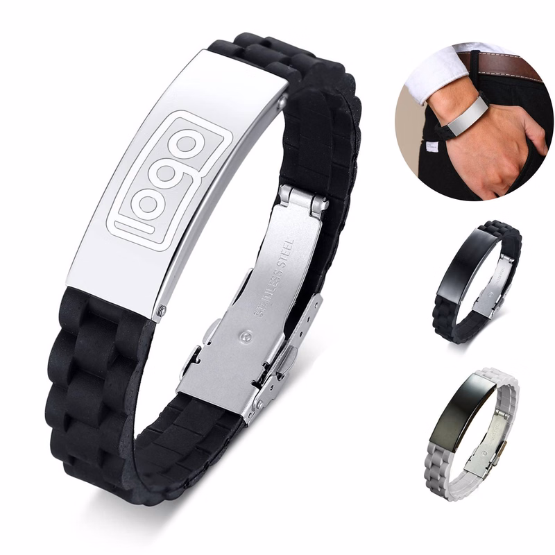Men's Stainless Steel Curved Brand Silicone Bracelet