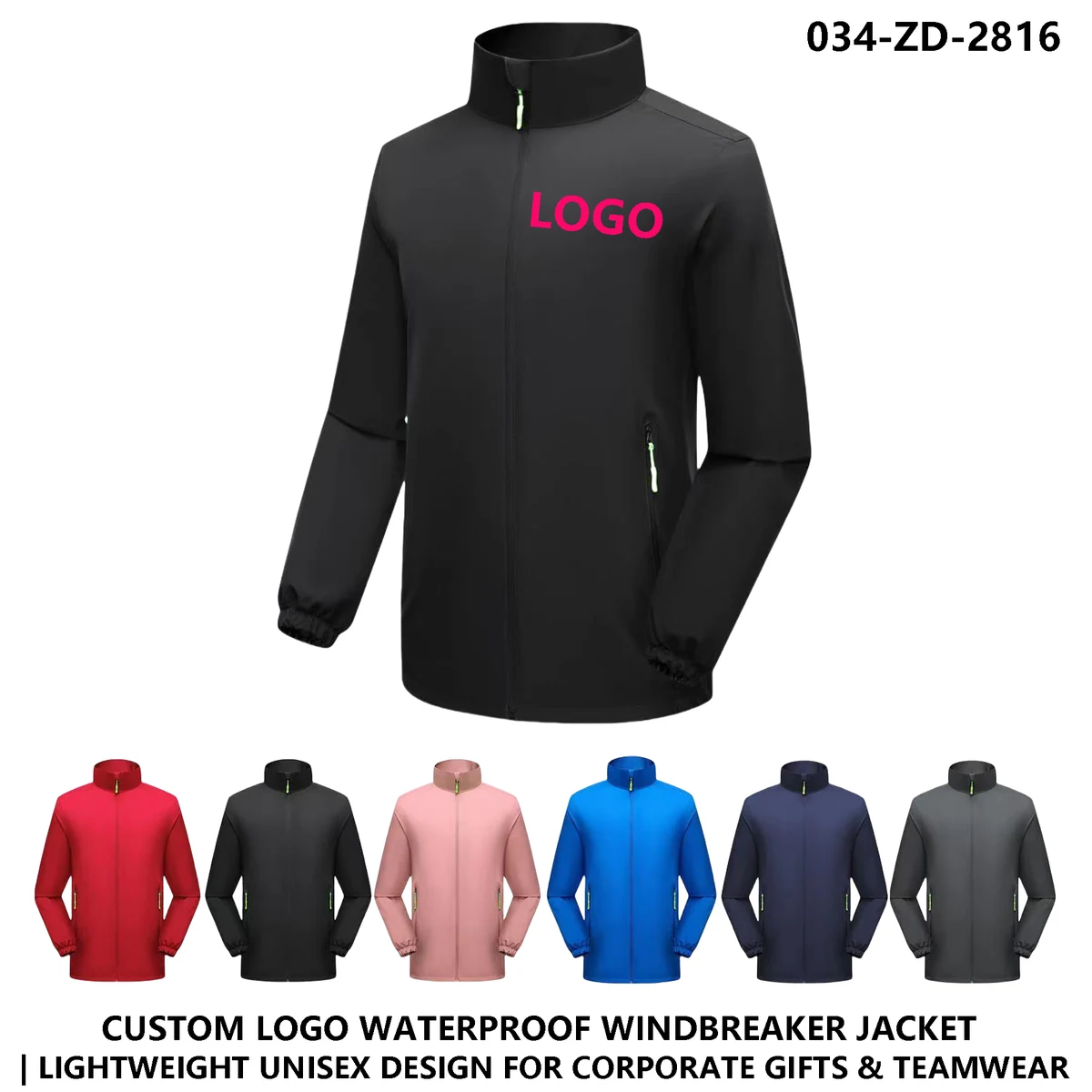Men Women Waterproof Stand Collar Windbreaker Jacket - Custom Logo Polyester Fabric 1