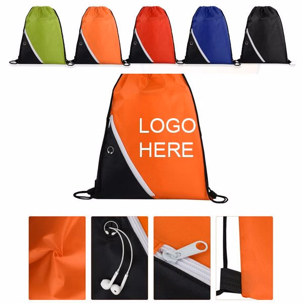 210D Drawstring Backpack W/ Zipper Pocket