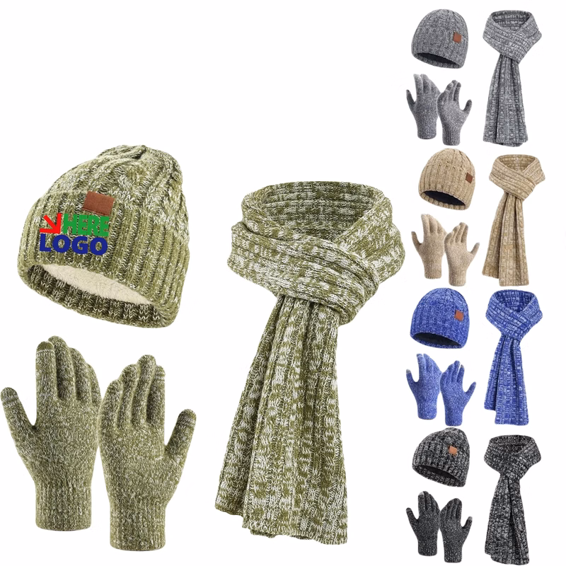 Winter Knit Warm Hat Scarf Touch Screen Gloves Set MOQ100