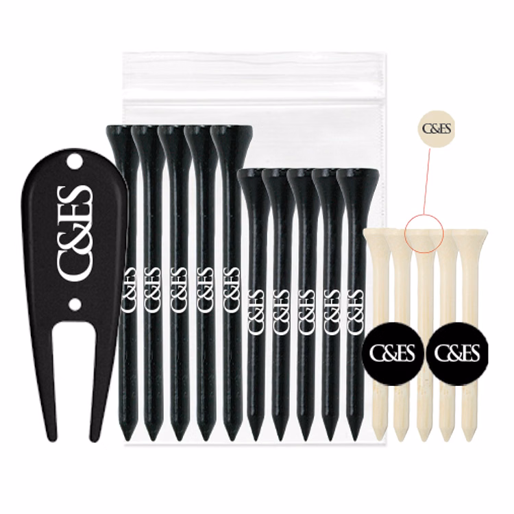 5, 2 1/8" Tees, 5, 2 3/4" Tees, 5, 3 1/4" Tees, 2 Ballmarkers & 1 Plastic Divot tool