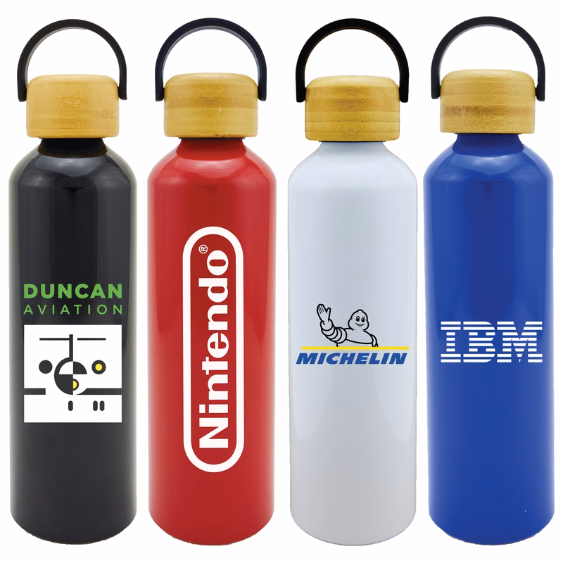 Classic 24 Oz. Aluminum Bottle w/Bamboo Lid and Carrying Handle (White)
