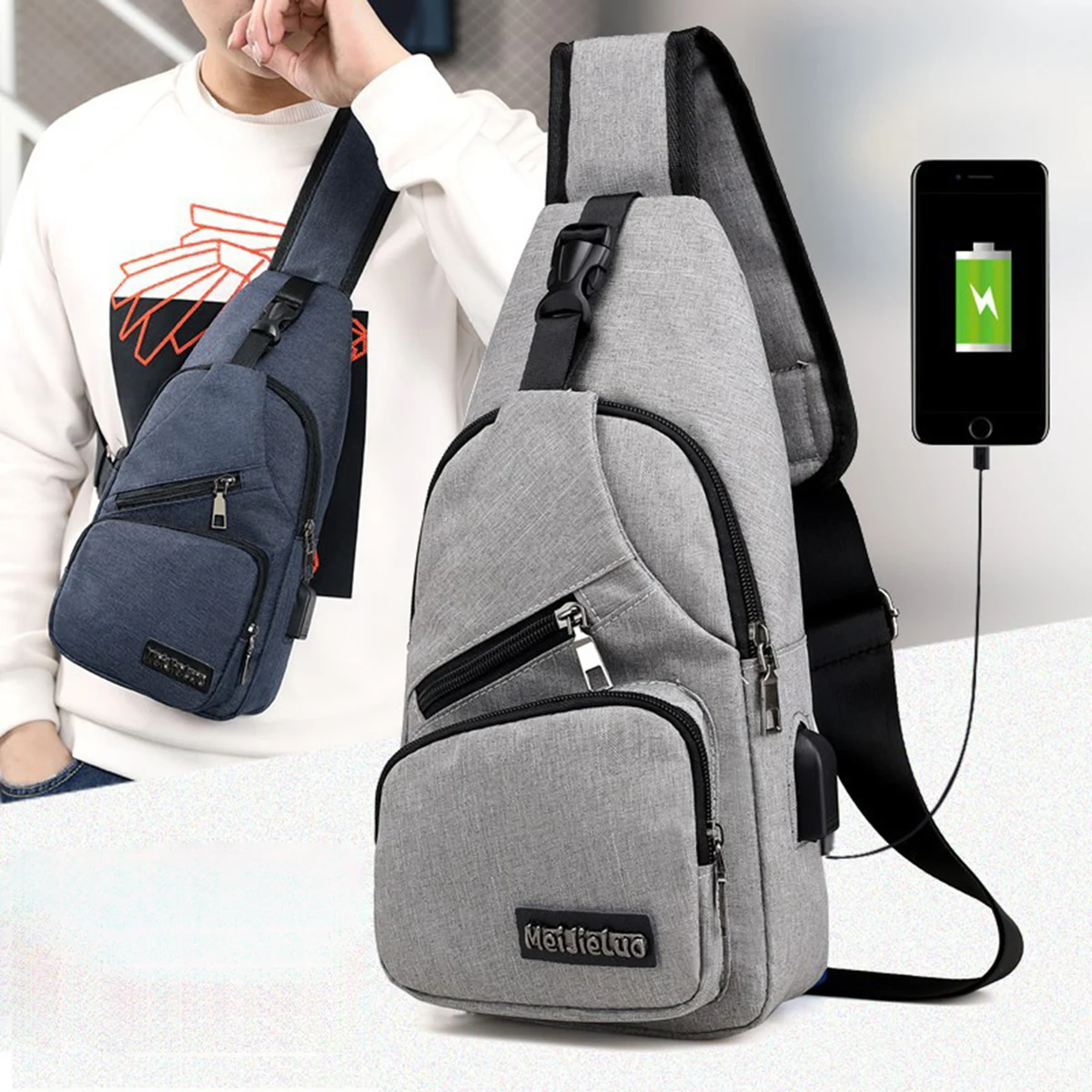 Sports Zipper Chest Bag Built-in USB Port 1
