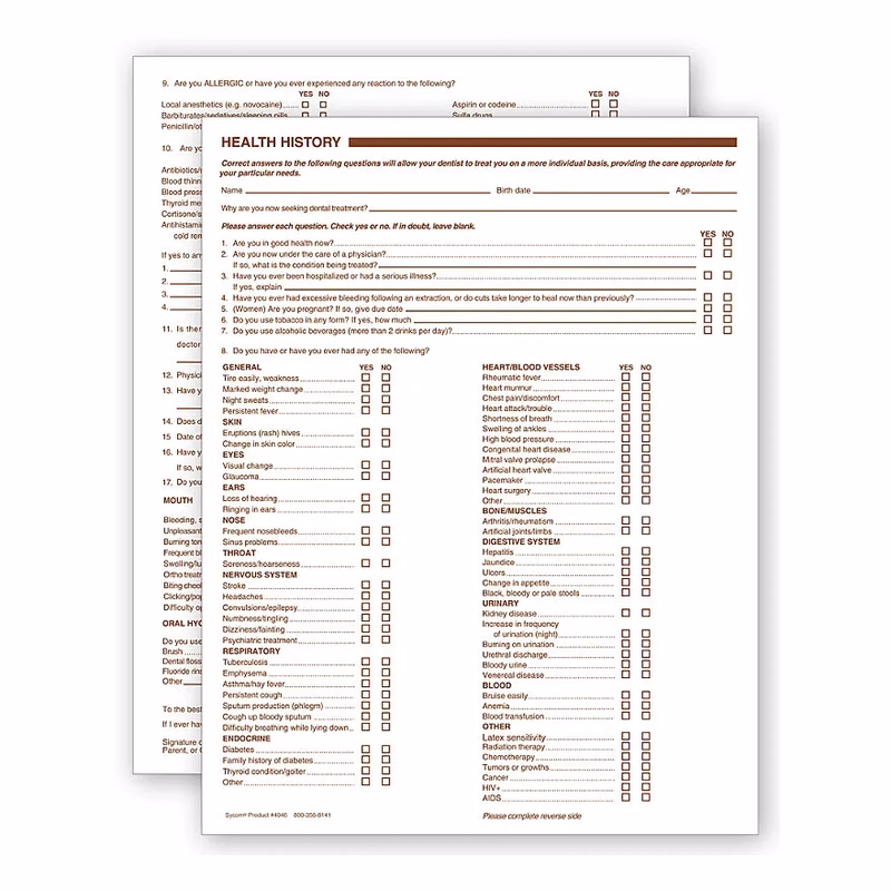Dental Health History Questionnaires, 2 Sided