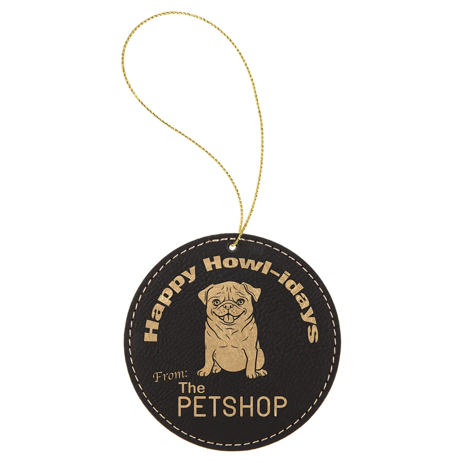 Black/Gold Leatherette Round Ornament with Gold String 1