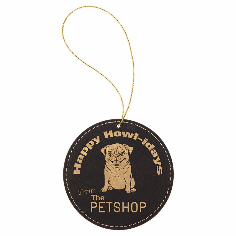 Black/Gold Leatherette Round Ornament with Gold String