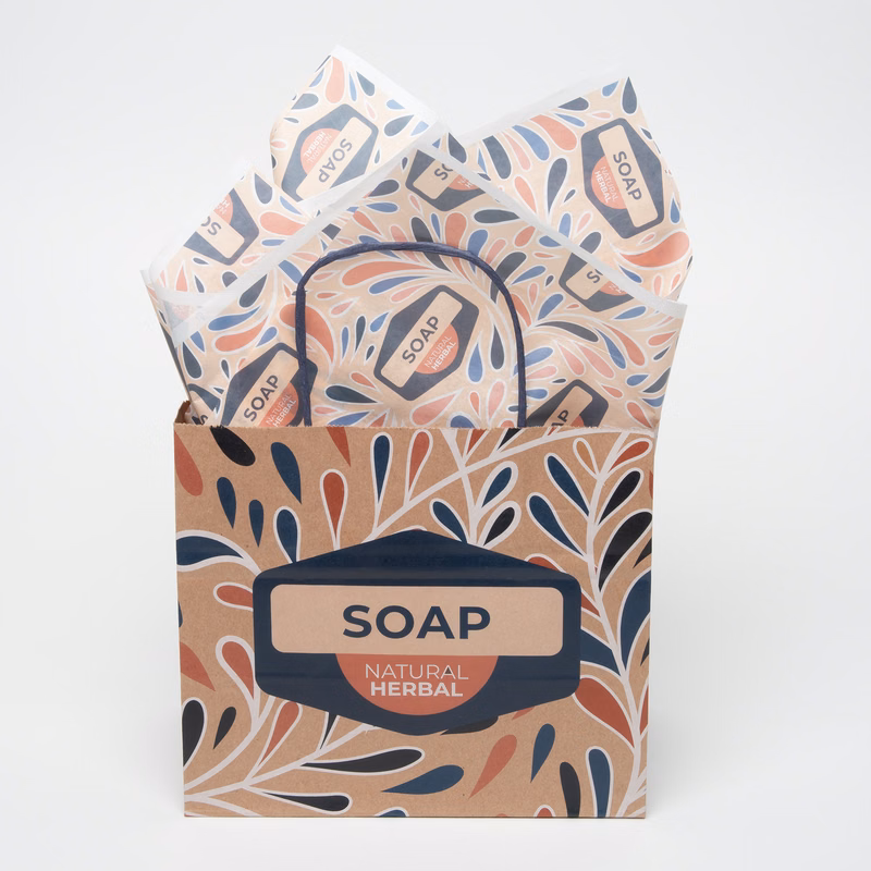 7.25" Natural Brown Blue Handle Shopper with Tissue Paper Bundle