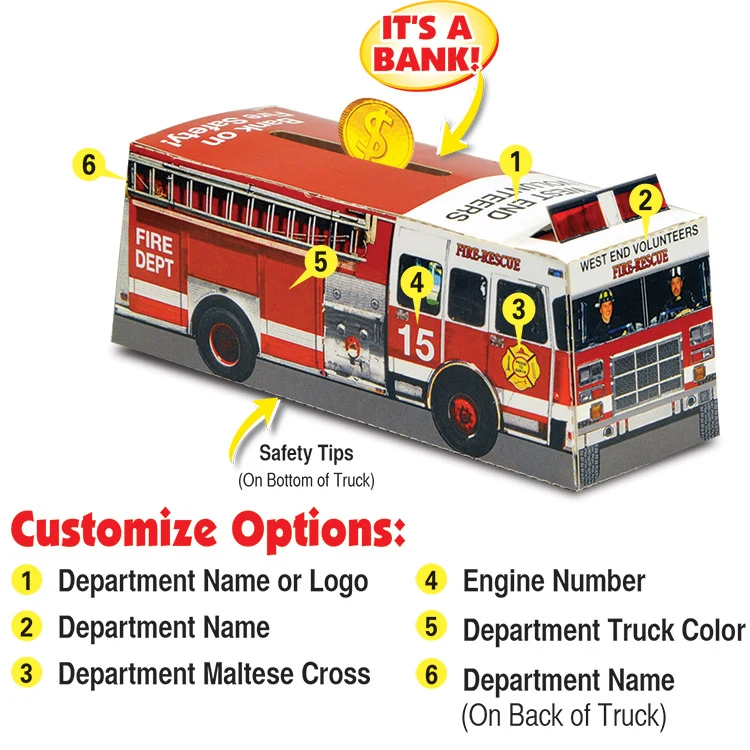 Custom Printed Paper-Stock Pop-Up Paper Fire Truck Bank 1