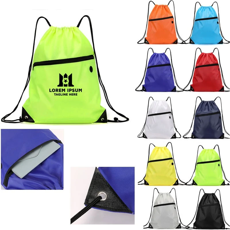 Waterproof Nylon Drawstring Backpack with Front Pocket and Headphone Port 1