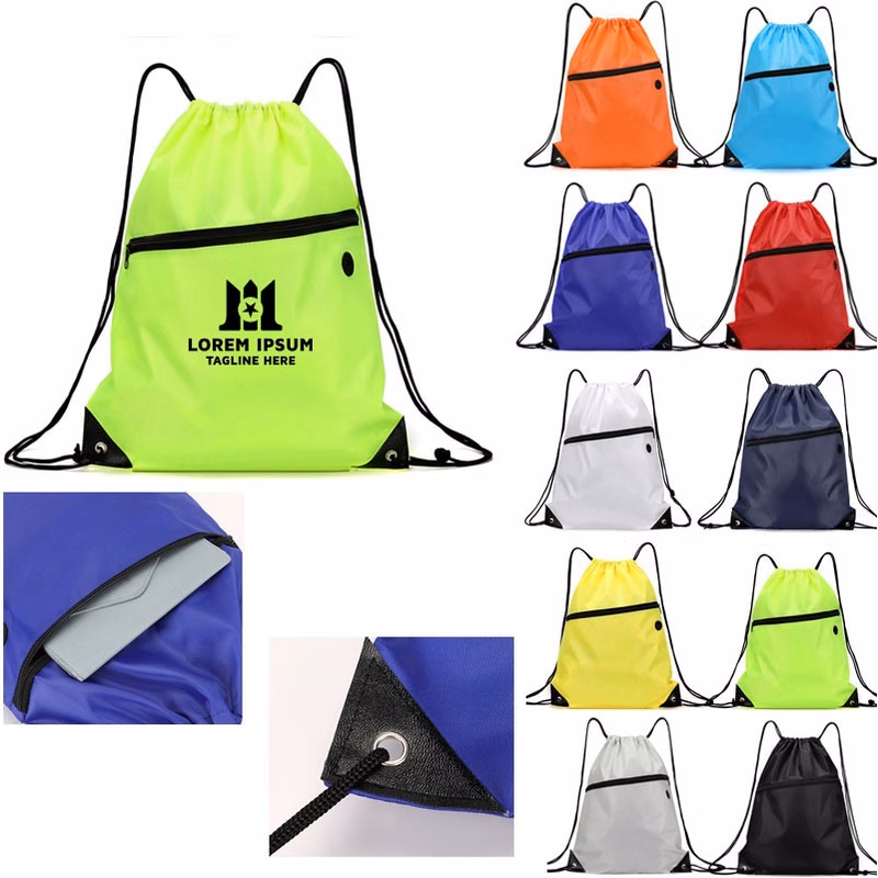 Waterproof Nylon Drawstring Backpack with Front Pocket and Headphone Port