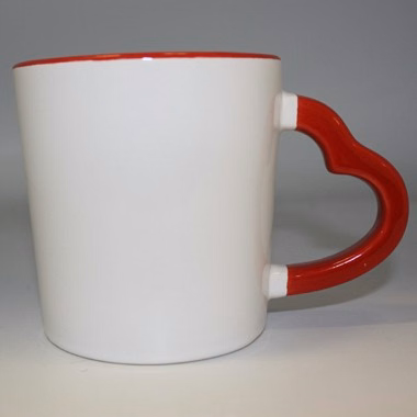 White Ceramic Mug with Red Heart Shaped Handle and Rim