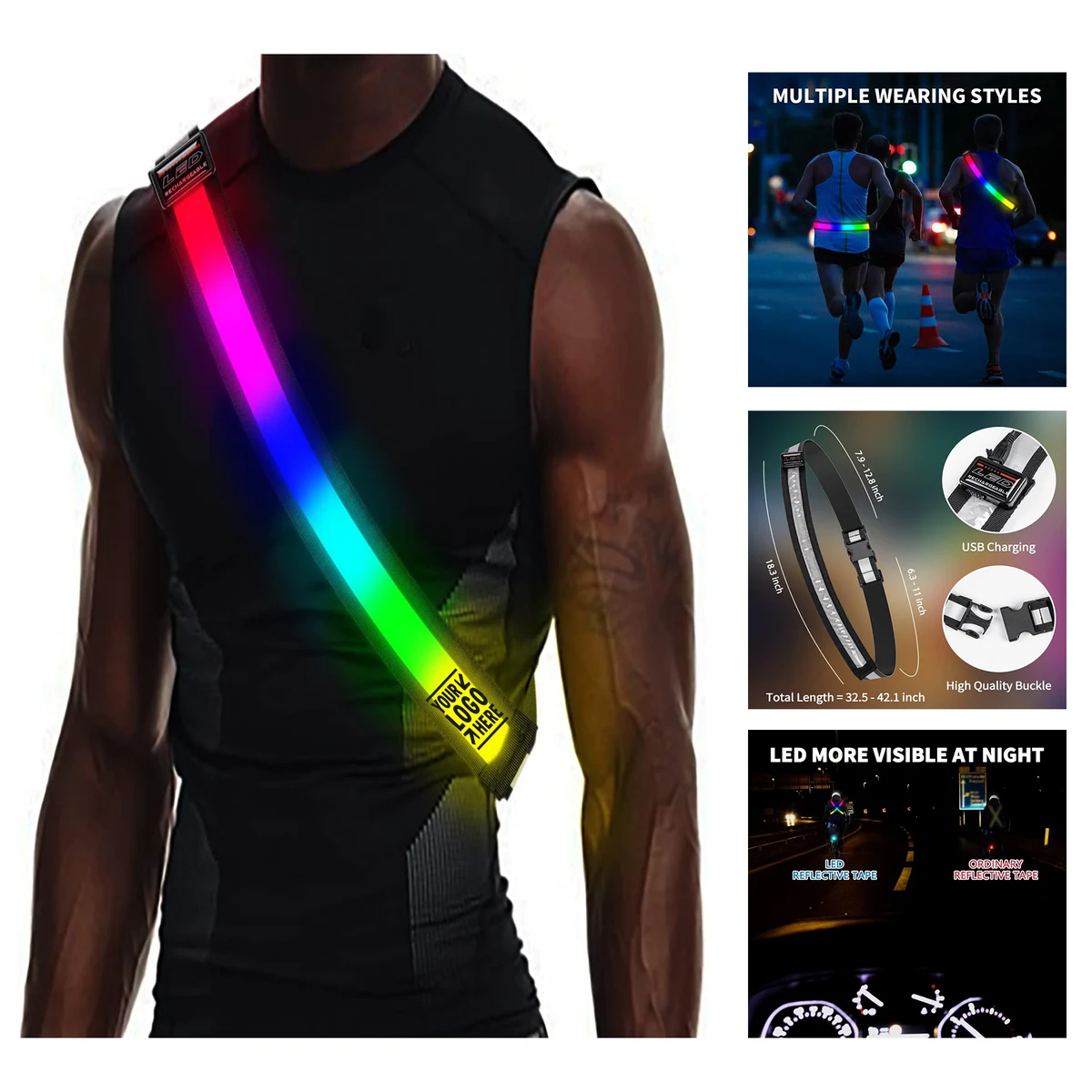 Outdoor Running Gear High LED Visibility Reflective Rechargeable Belt Sash with Safety Light 1