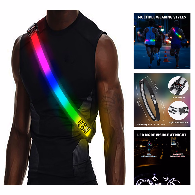 Outdoor Running Gear High LED Visibility Reflective Rechargeable Belt Sash with Safety Light