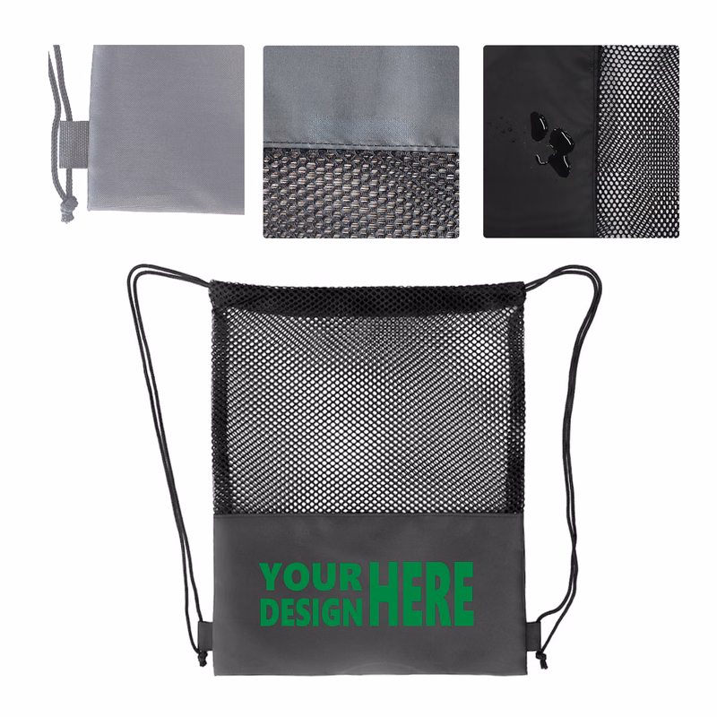 MOQ 50 Polyester Bottom Mesh Drawstring Bag for Sports
