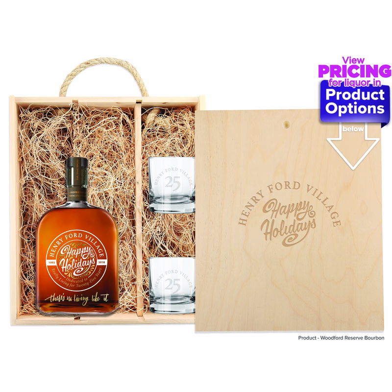 Laser-Engraved Triple Wood Box w/Custom Etched Liquor Bottle + Glasses