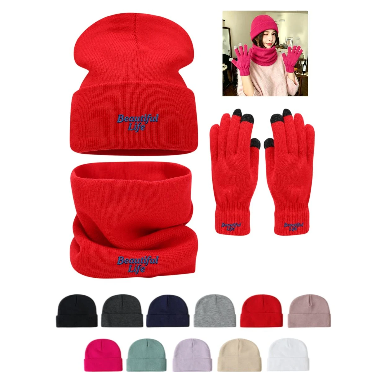 Knit Winter 3 Piece Set: Beanie, Neck Warmer, Touch Gloves 1