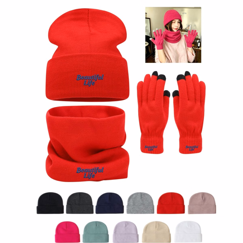 Knit Winter 3 Piece Set: Beanie, Neck Warmer, Touch Gloves