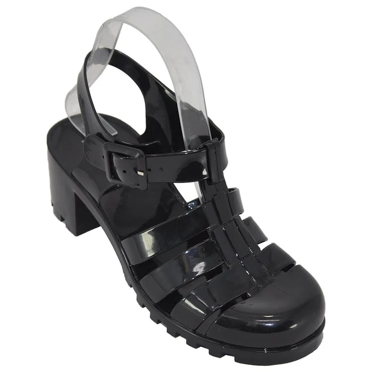 Women's Platform Jelly Sandals - Black Wedge Heel 1