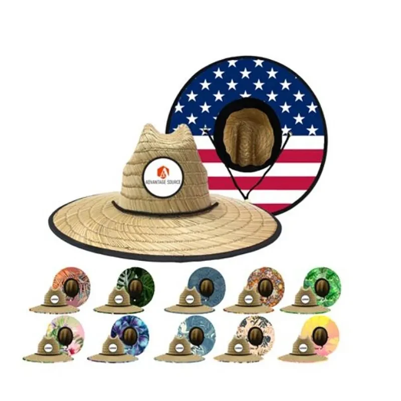 Wide Brim Straw Sun Hat with Printed Underbrim and Logo 1