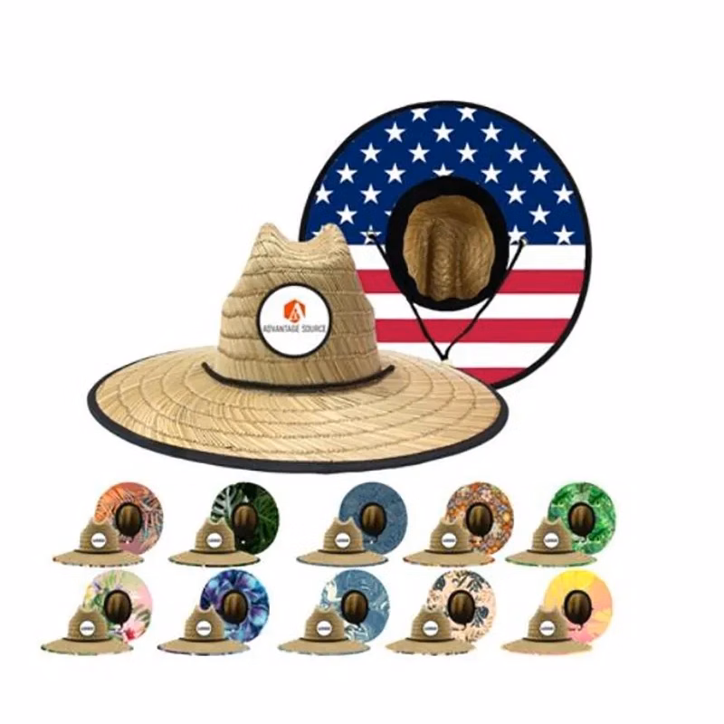 Wide Brim Straw Sun Hat with Printed Underbrim and Logo