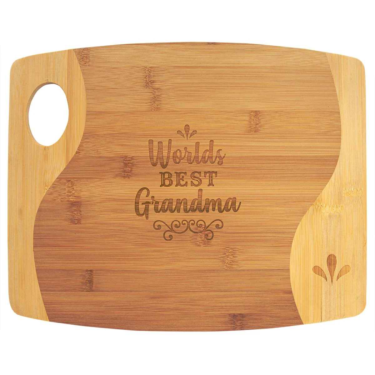 13 3/4" x 11" x 5/16" Bamboo Two Tone Cutting Board with Handle 1