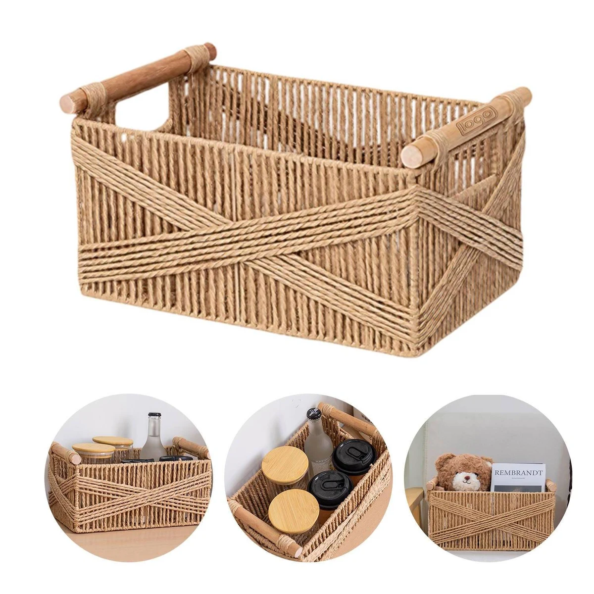 Wooden Paper Rope Storage Basket with Handle 1