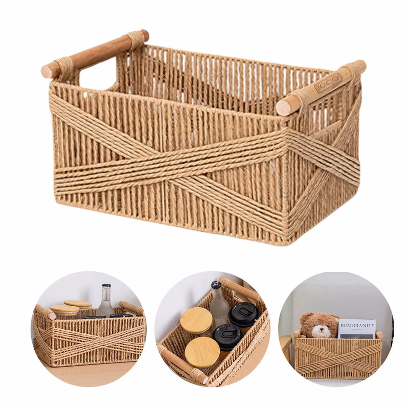 Wooden Paper Rope Storage Basket with Handle