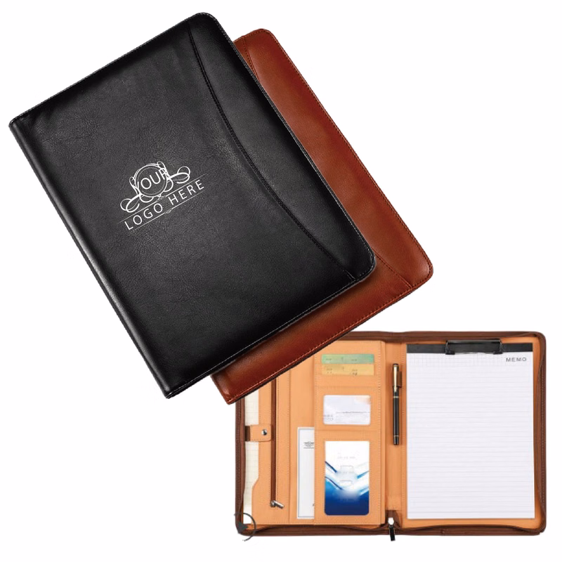 Leather Zippered Padfolio with Multi-Card Slots & Pocket