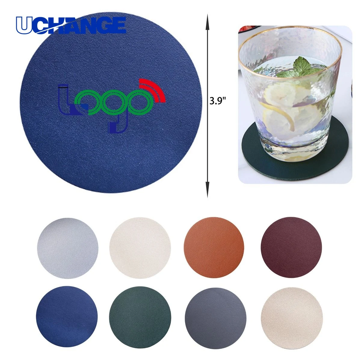 Durable Solid Color Round PU Leather Coaster Mat 1