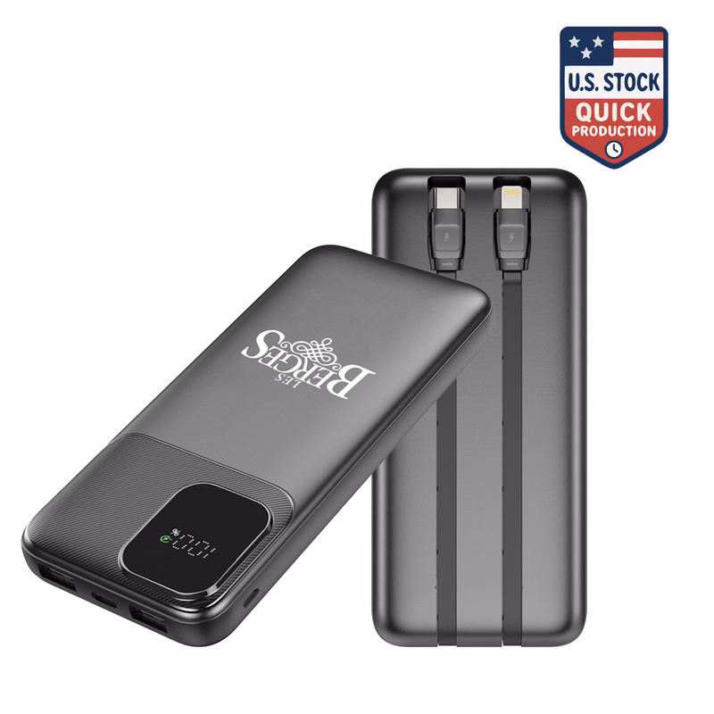Portable 10000mAh Charger with Digital Display & Built-In Dual Charging Cables