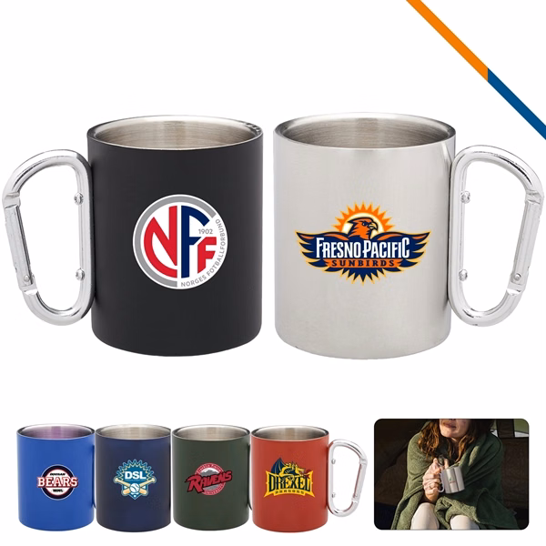 Custom 10 oz Stainless Steel Carabiner Mug — Outdoor Adventure Promotional Drinkware
