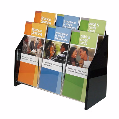 Wall Mount Brochure Holder, Clear w/Black Ends, 2-tier, 6 pockets