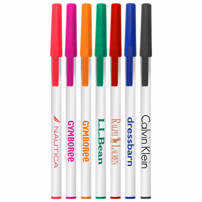 White Stick Pens w/ Colored Caps- Blue Ink