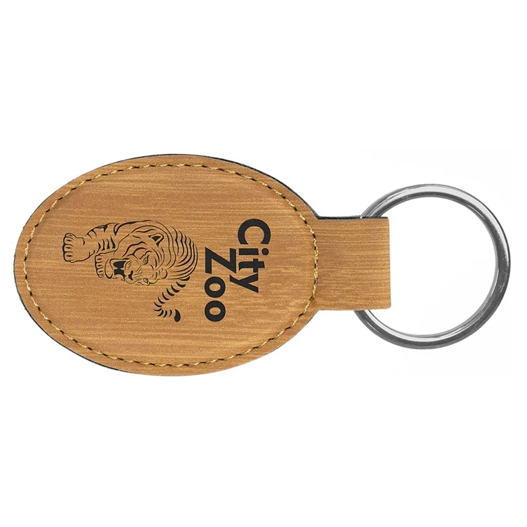 3" x 1 3/4" Bamboo Leatherette Oval Keychain 1