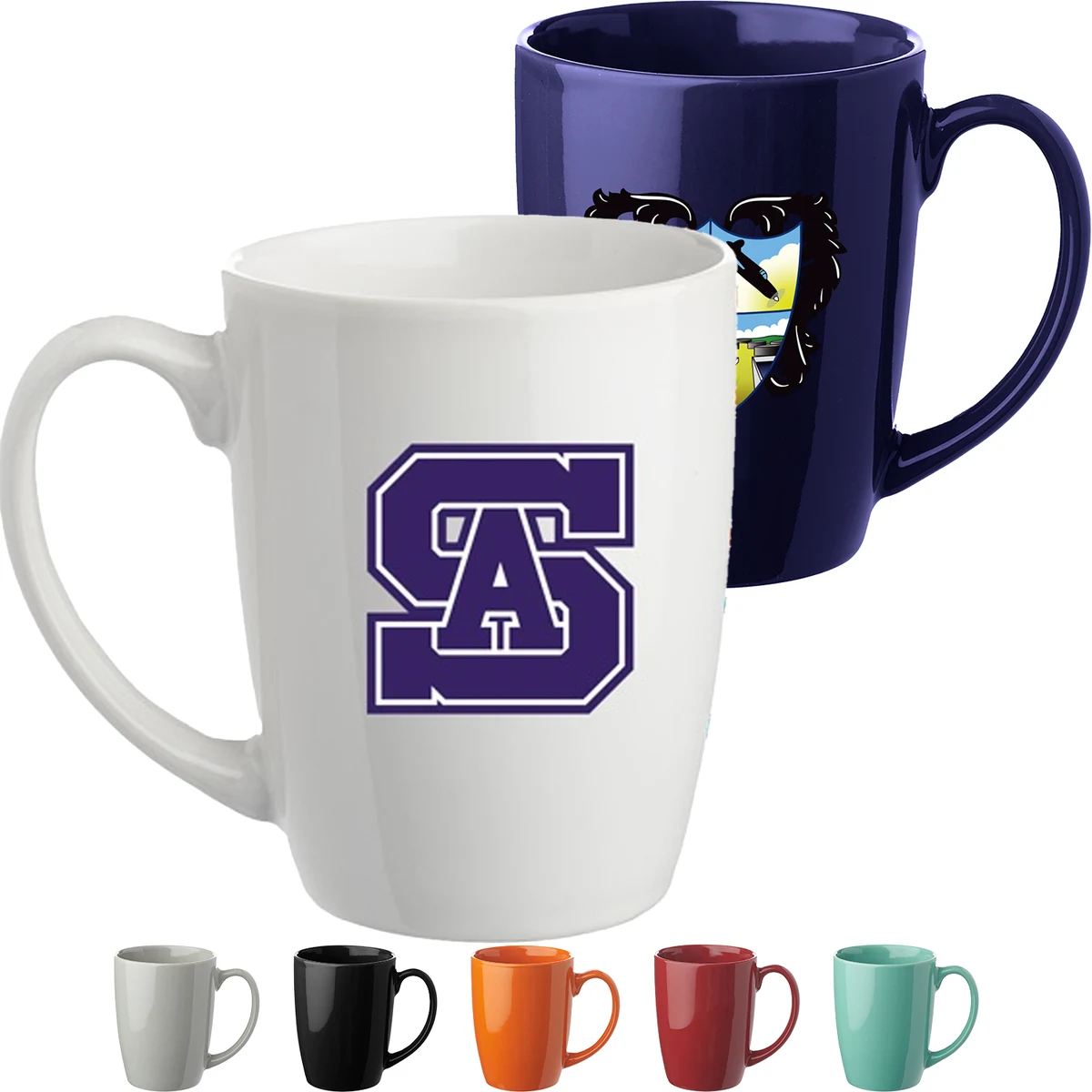 12 oz Custom Imprint Glossy Mugs Curved Grip 1