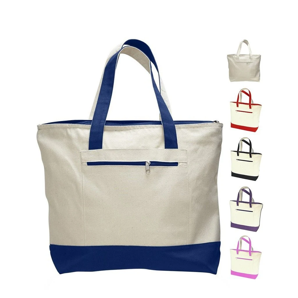 18" Zippered Top Heavy Duty Deluxe Tote Bag With Color Handle 1