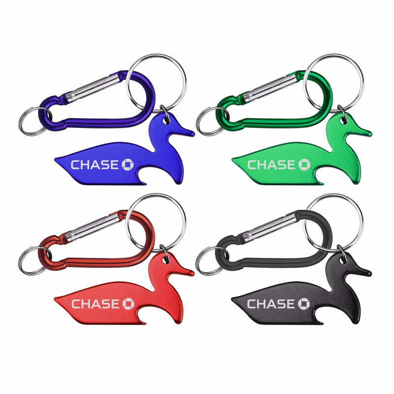 Duck shape bottle opener with key chain and carabiner