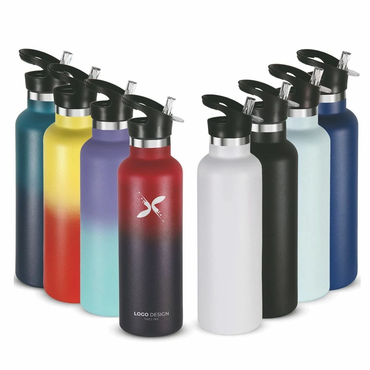 24oz Insulated Water Bottles Bulk 8 Pack,Stainless Steel Double Wall Sport Bottle with Straw Lid, custom water bottle with logo imprint 1