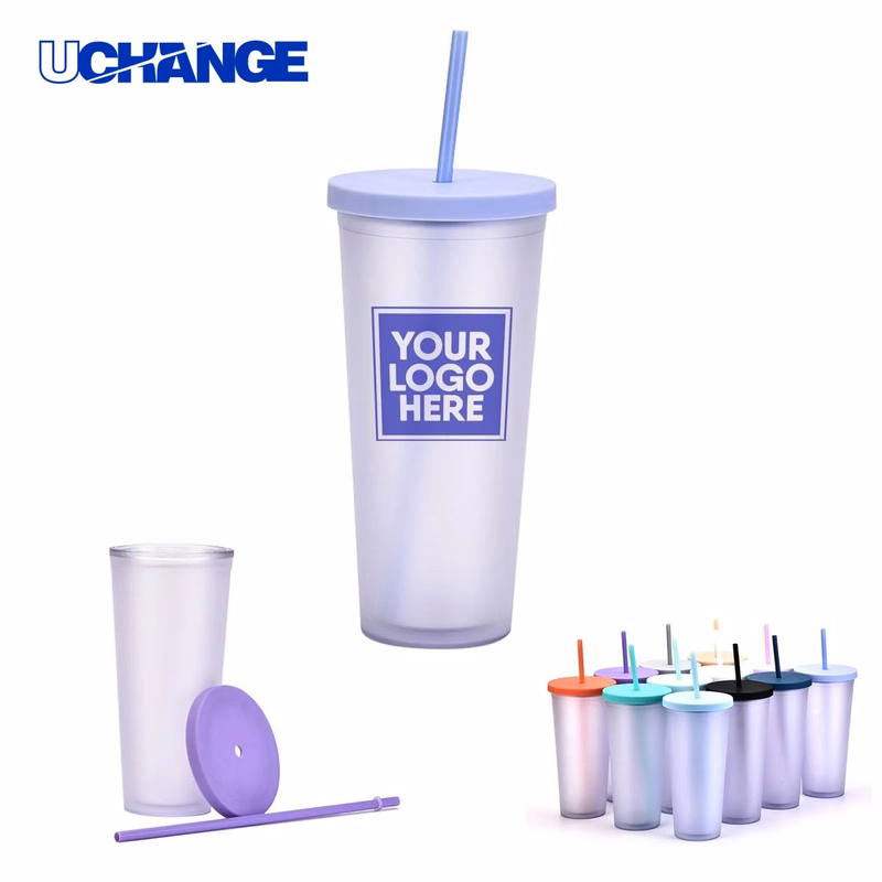 700ml Plastic Double Wall Cup Tumbler with Straw and Lid