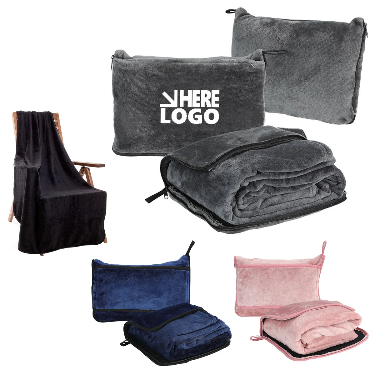 Foldable Flannel Travel Blanket with Embroidered Pouch 1