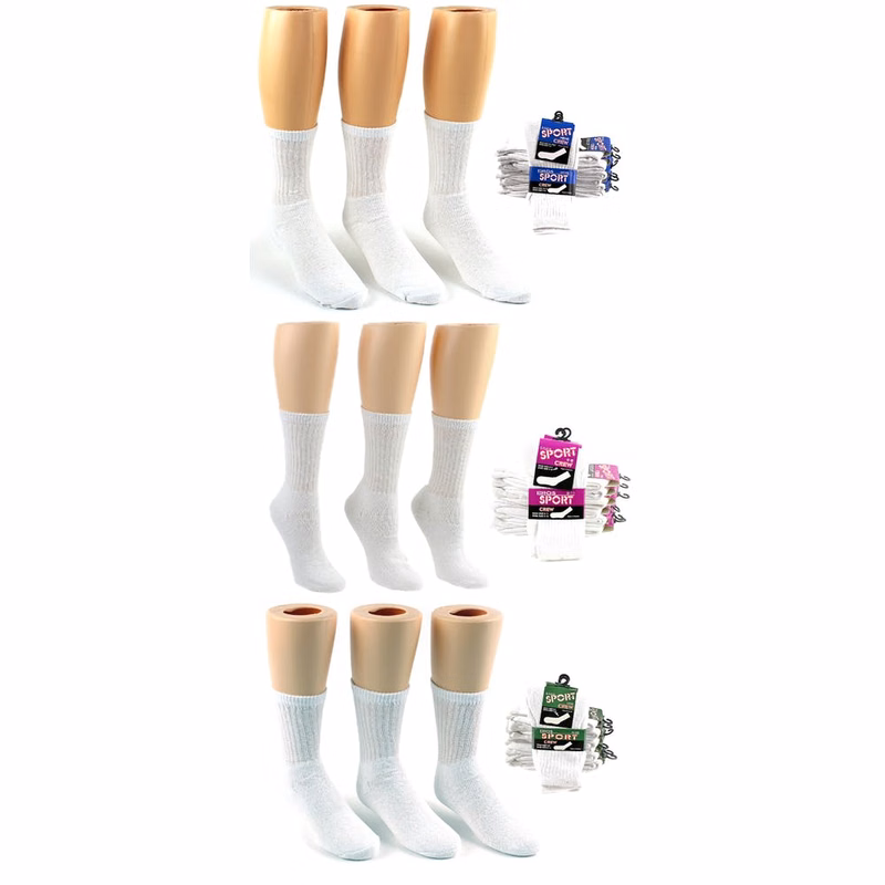 Athletic Crew Socks - White Assorted Sizes Family Combo Packs