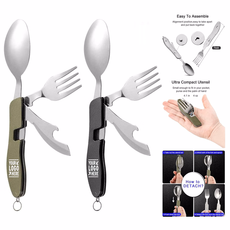 Stainless Steel Detachable Flatware Camping Portable Foldable 4 in 1 Utensils Cutlery