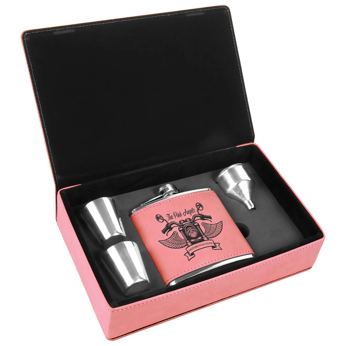 Stainless Steel Pink Leatherette Flask Gift Set 1