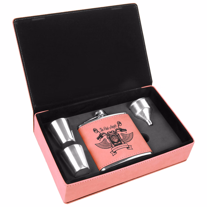 Stainless Steel Pink Leatherette Flask Gift Set