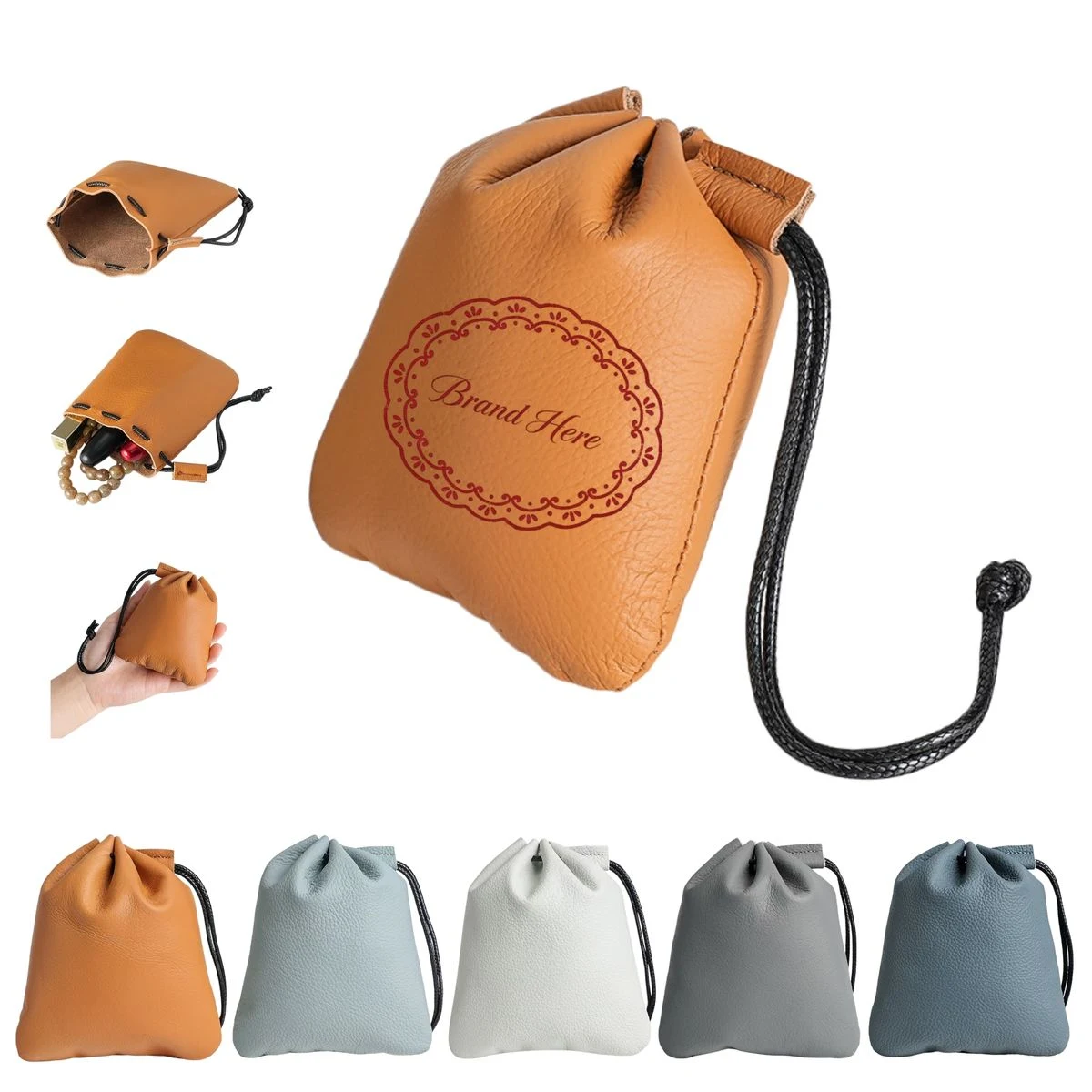 Leather Drawstring Pouch Small Accessory Storage Bag 1