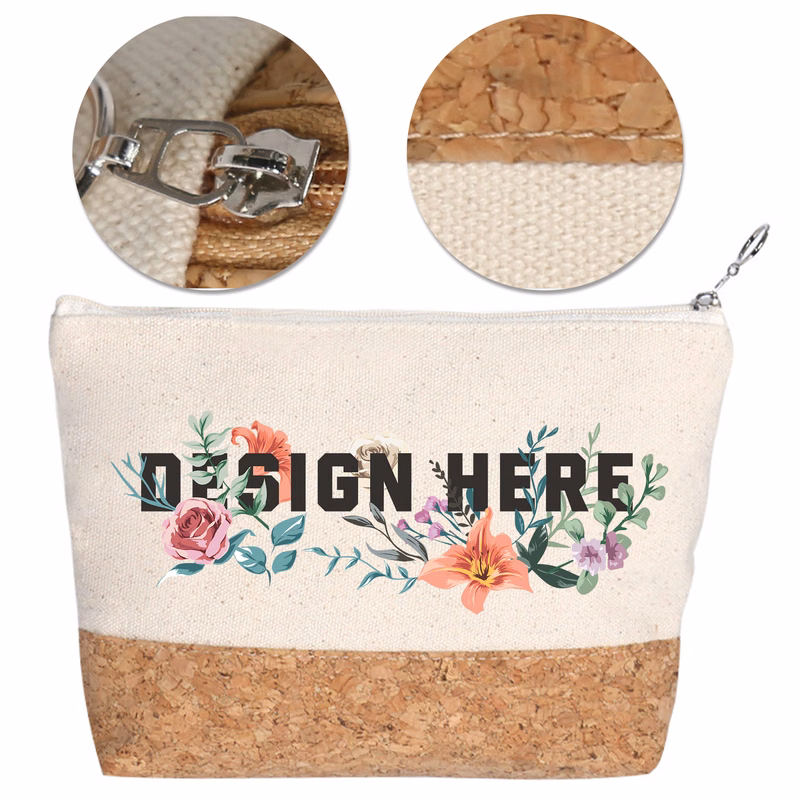 Eco-Friendly Linen & Cork Travel Makeup Pouch Cosmetic Bag