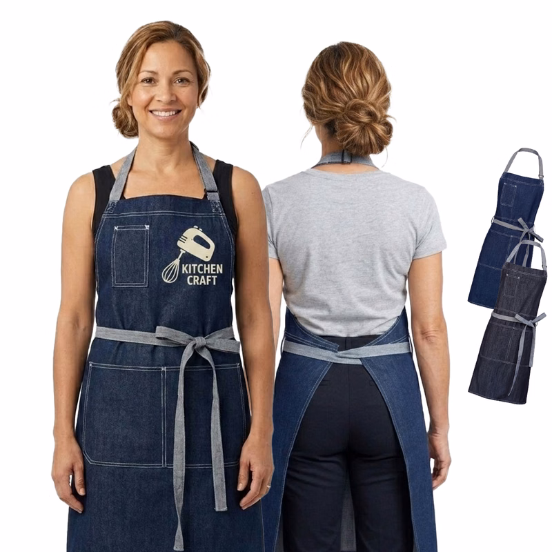 12 oz. 100% Cotton Denim Kitchen Aprons w/ Grey front straps & 3 Pockets
